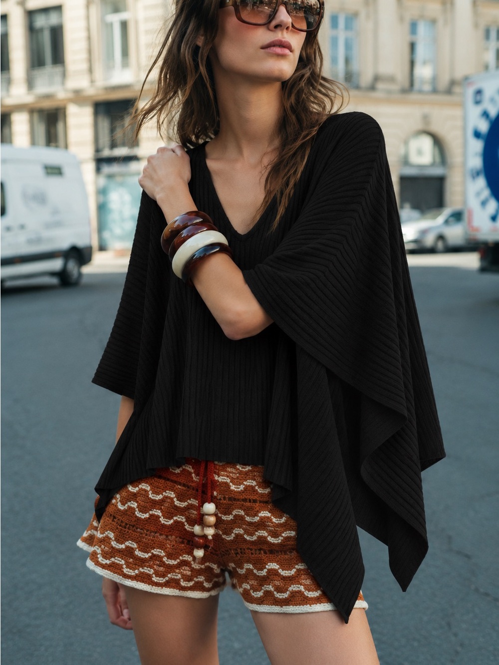 Zara Asymmetric Ribbed Knit Cape/Poncho Sweater in black